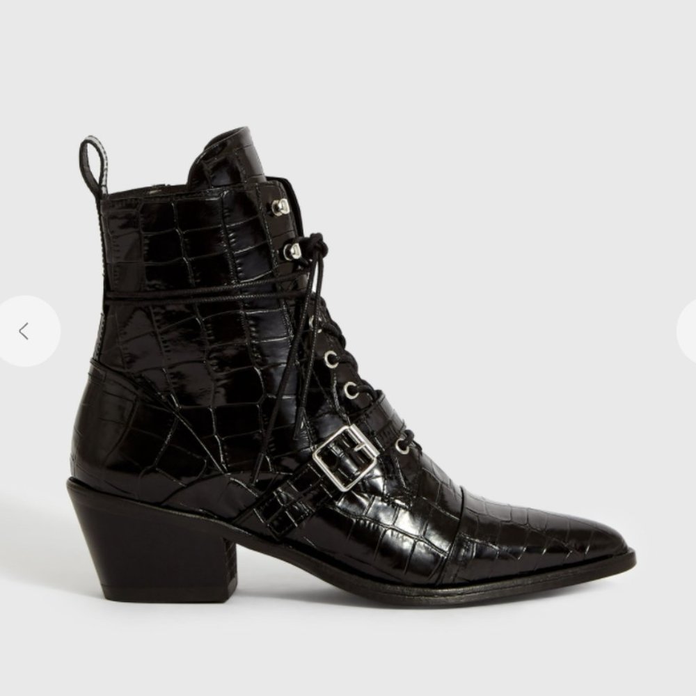 All Saints Katy Black Leather Ankle Boots Crocodile Size 7